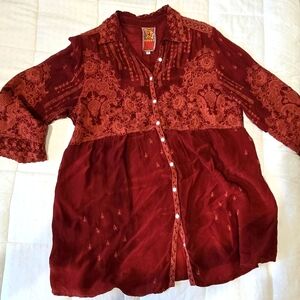Johnny was Silk tunic style blouse, Rich Terra Cotta color, size Medium